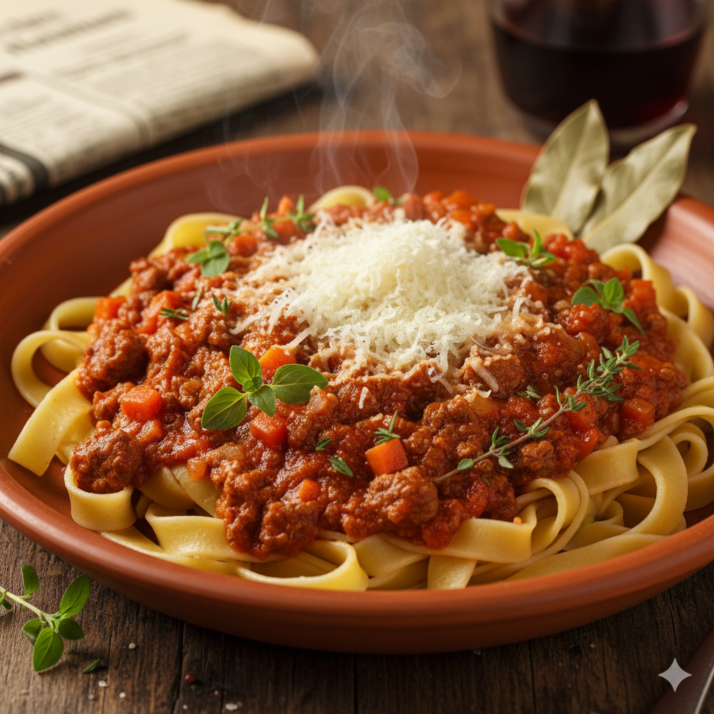 Das fertige Ragù alla Bolognese mit Pasta
