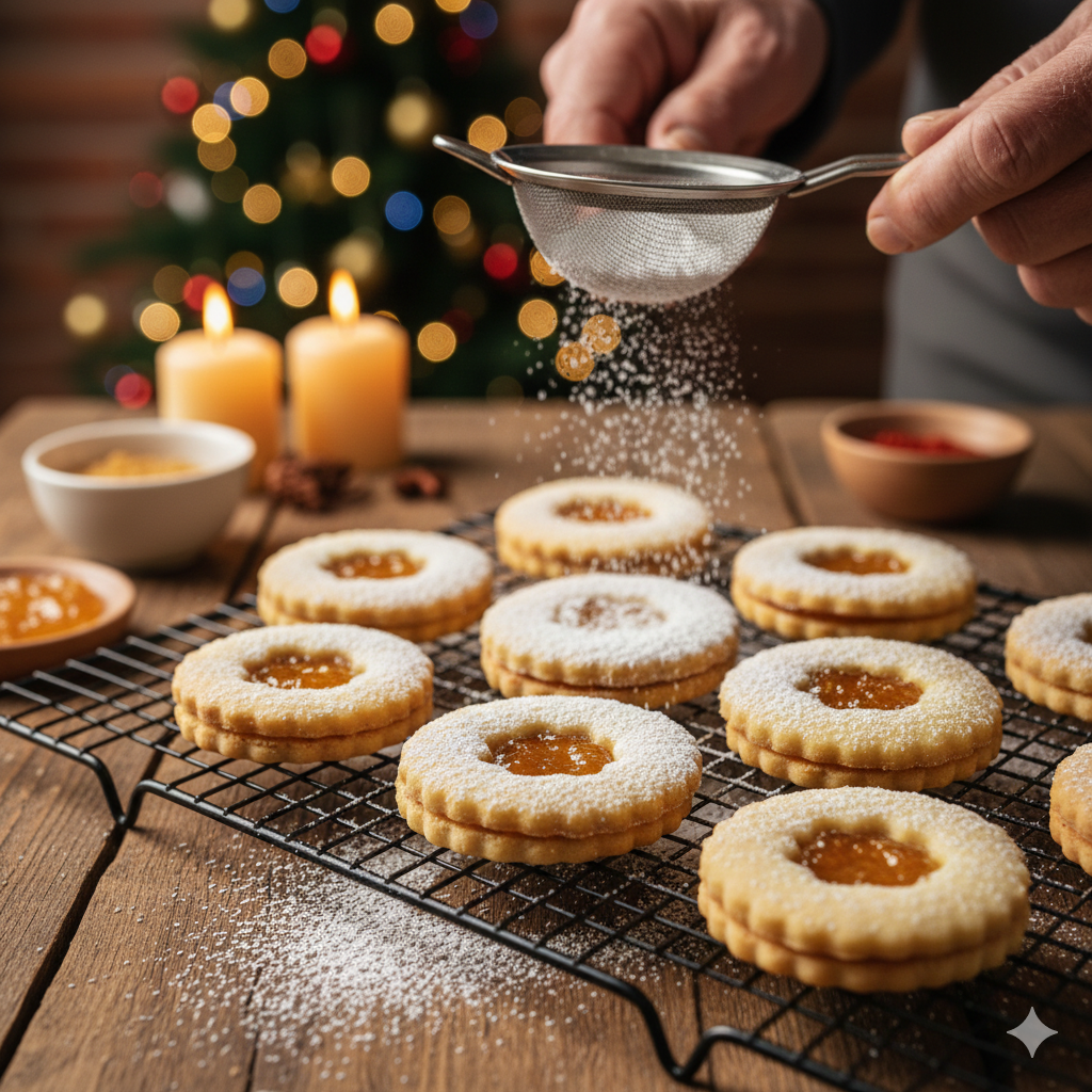 Hildbrötchen backen. Jetzt werden sie mit Puderzucker bestäubt.