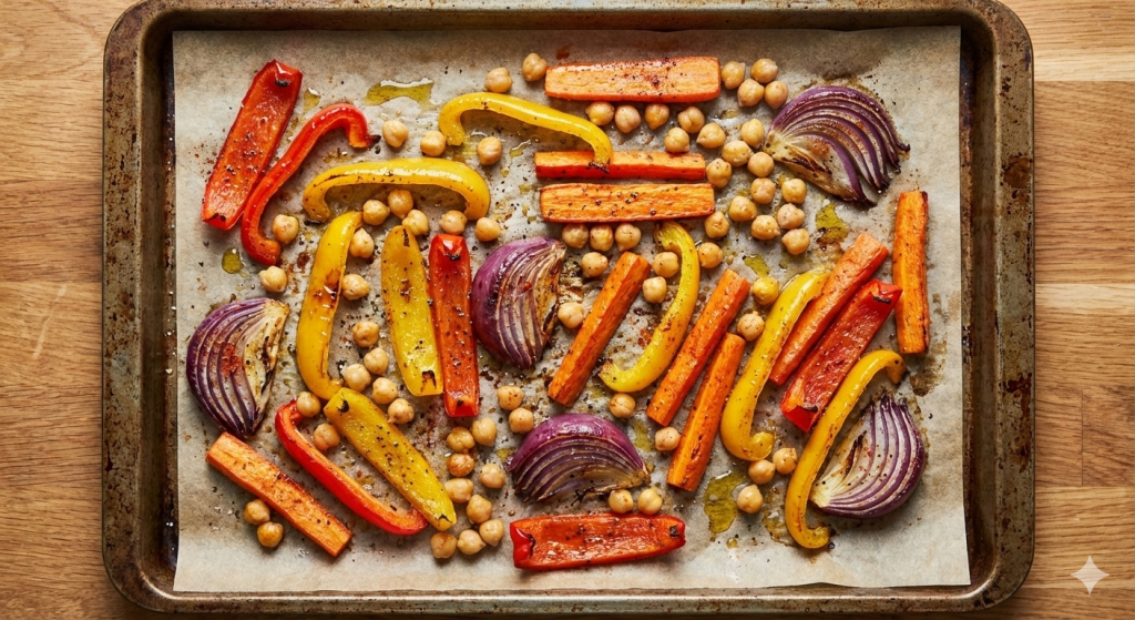 Gemüse für Quinoa Bowl auf einem Backblech