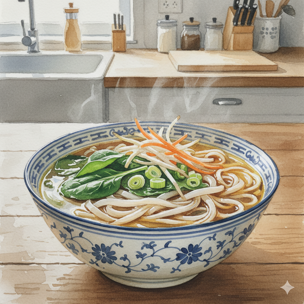 Vegane Pho in einer traditionellen Suppenschale