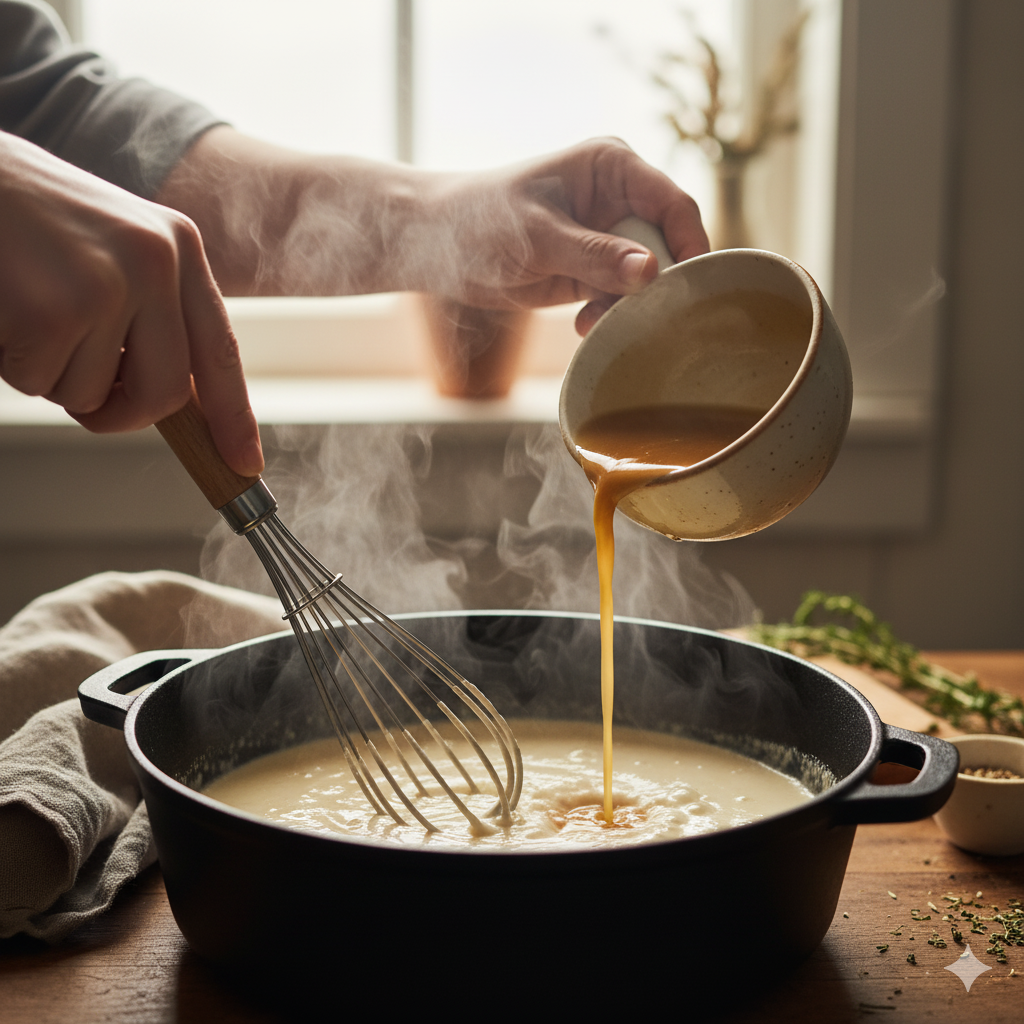 Die Soße für das Hühnerfrikassee