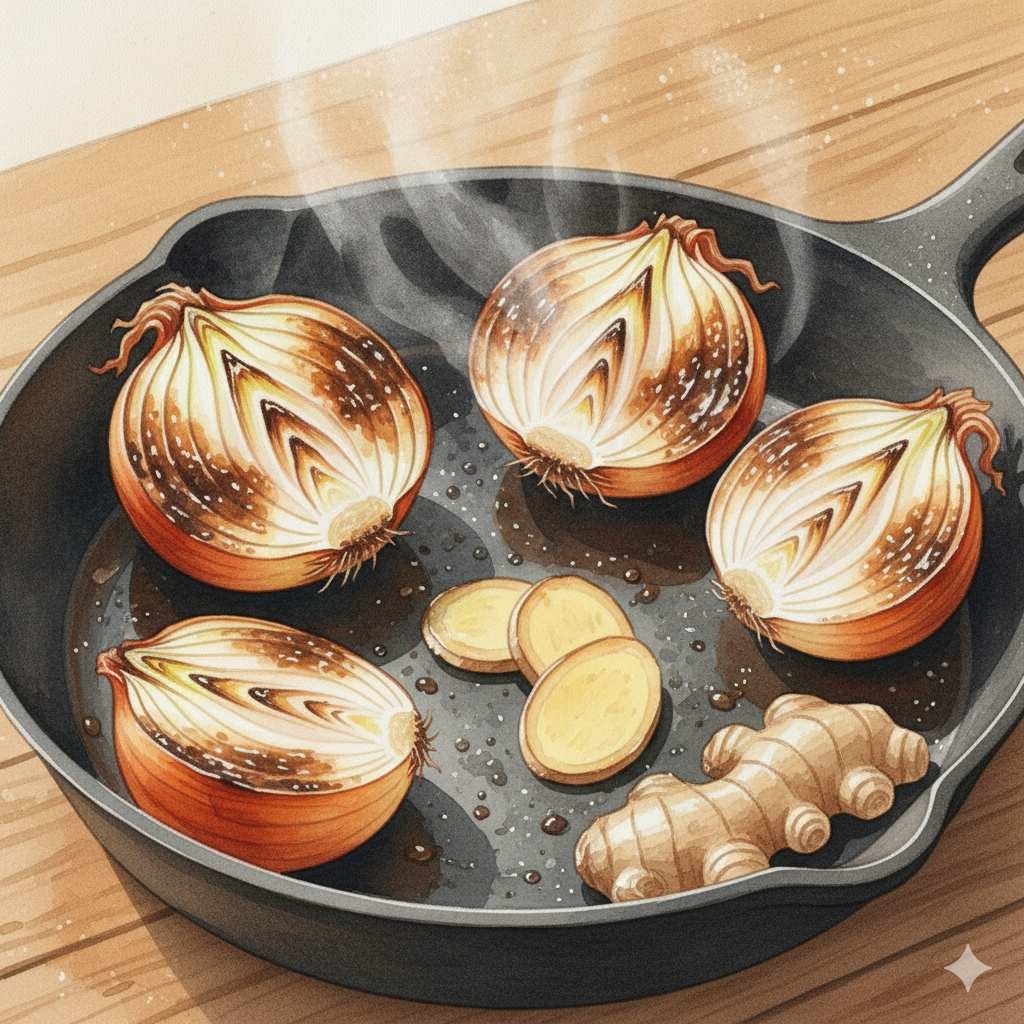 Angeröstete Gemüse für die vegane Pho