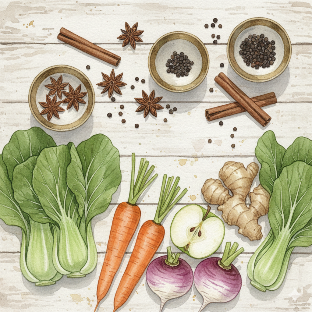 Gemüse & Gewürze für die vegane Pho