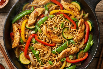 Nudelpfanne mit Hähnchenfleisch und Gemüse