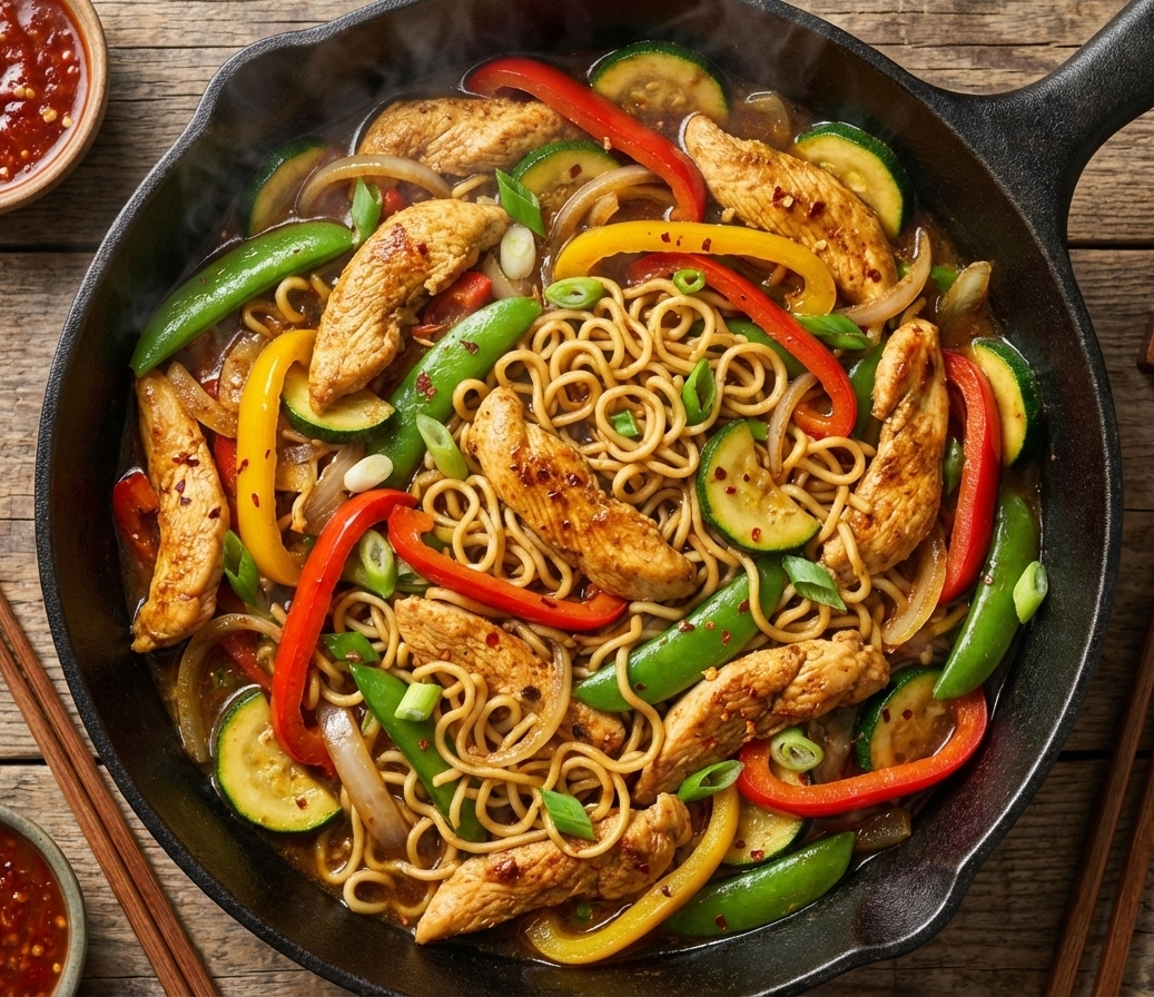 Nudelpfanne mit Hähnchenfleisch und Gemüse