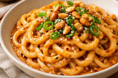 Udon Nudelsalat mit Erdnuss-Chili-Sauce