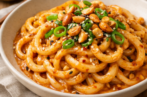 Udon Nudelsalat mit Erdnuss-Chili-Sauce